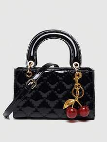 1个PU皮革包，横款酒红色女士手提包，百搭新款夏季漆面绗缝托特包，结构化小包，时尚单肩斜挎包，几何图案钱包，情人节礼物