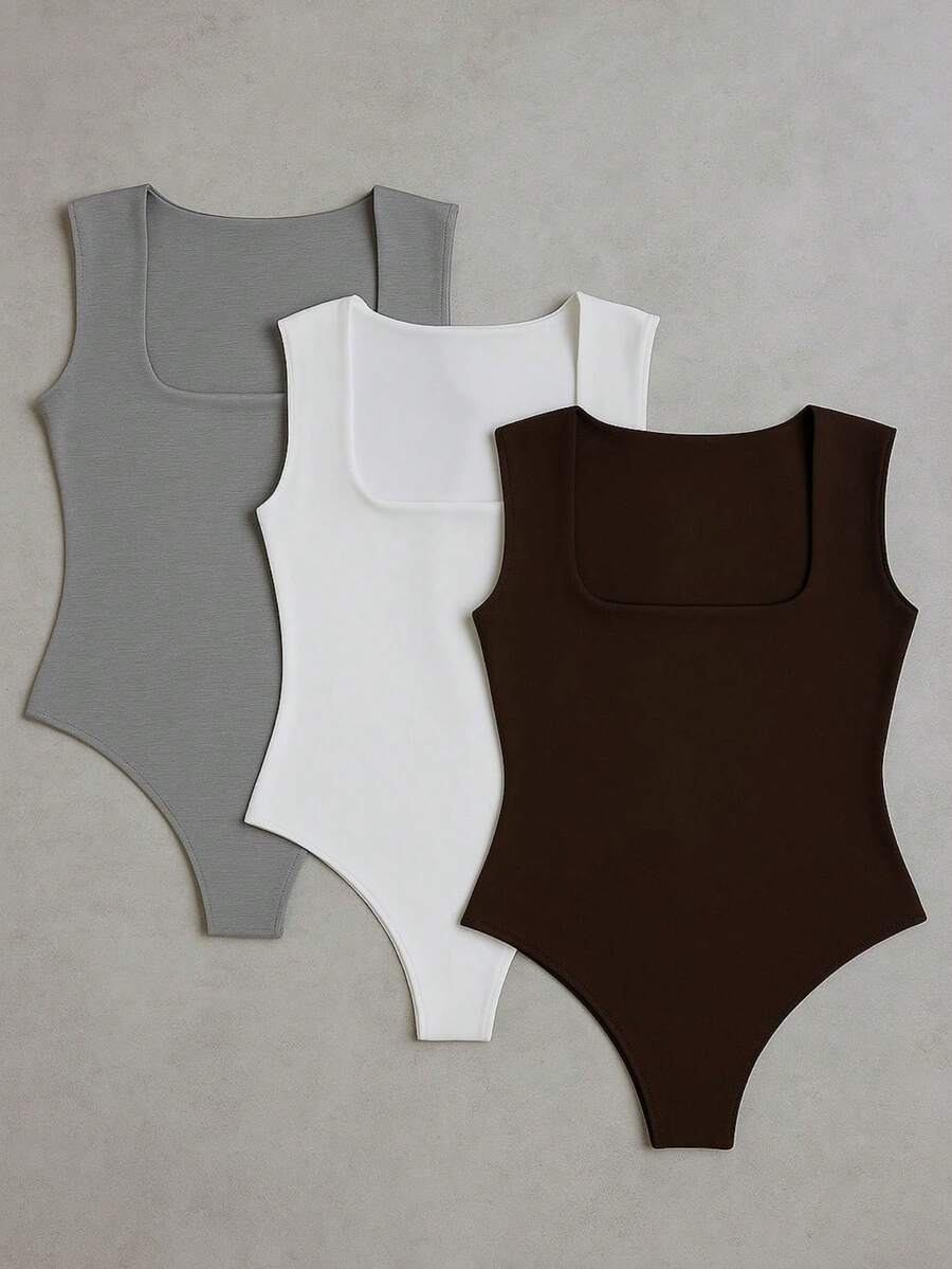 3-Piece Basic Bodysuit, Square Neckline, Wide Straps, Versatile Shapewear, Casual, Suplex, Fashion, Gringa Blogger - BLANCO-GRIS-NEGRO - Ver 1