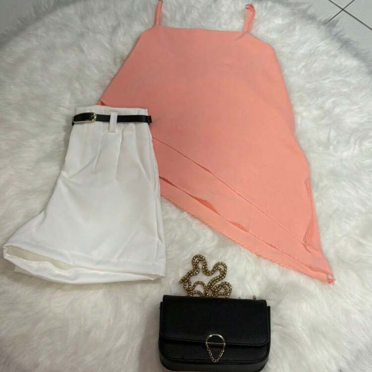 Fashionable Tailored Short Set With Pocket And Free Belt + Elegant Asymmetrical Blouse - 粉紅色和白色 - 查看 4