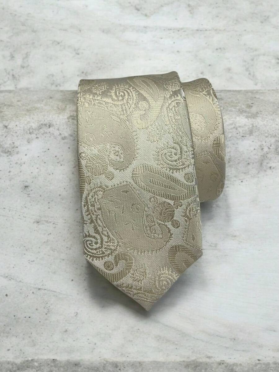 Luxury Men's Skinny Ties Polyester Silk Solid Polka Dot Striped Check Skinny Jacquard Groomsman Tie - 米色 - 查看 1