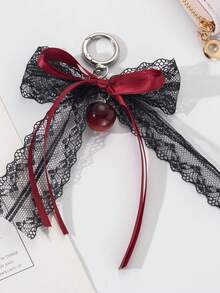 Lace Bow Keychain Hollow Red Ribbon Cherry Y2k Fashion Design Charm Delicate Backpack Key Chain Valentine's Day Gift Accessories Fall Burgundy - Black - View 2