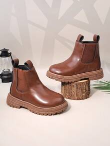 1 Pair Brown Toddler/Kids Ankle Boots, Soft Leather + Elastic Fabric Combo, Side Zipper, Round Toe, Non-Slip Soft Sole, Fashionable & Cute Chelsea Style, Suitable For Boys & Girls Casual, School, Holiday Wear, Autumn/Winter - Brown - View 6