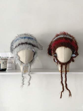 1pc Star Fuzzy Rabbit Ear Plush Hat, Women Autumn/Winter Warm Crochet Petite Face Protective Cute Rabbit Ear Knit Cap, Warm Ear Cover Beanie, Cute Puppy Knitted Hat For Women Autumn/Winter Warm Ear Protection Knitted Hat With Tie, Cute Cold-Proof Cap