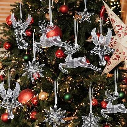 9/4件装水晶透明雪花圣诞树吊坠装饰，适用于节日、冬季、新年派对，透明悬挂饰品，圣诞家居装饰，圣诞房间装饰，圣诞家居礼物，圣诞装饰品