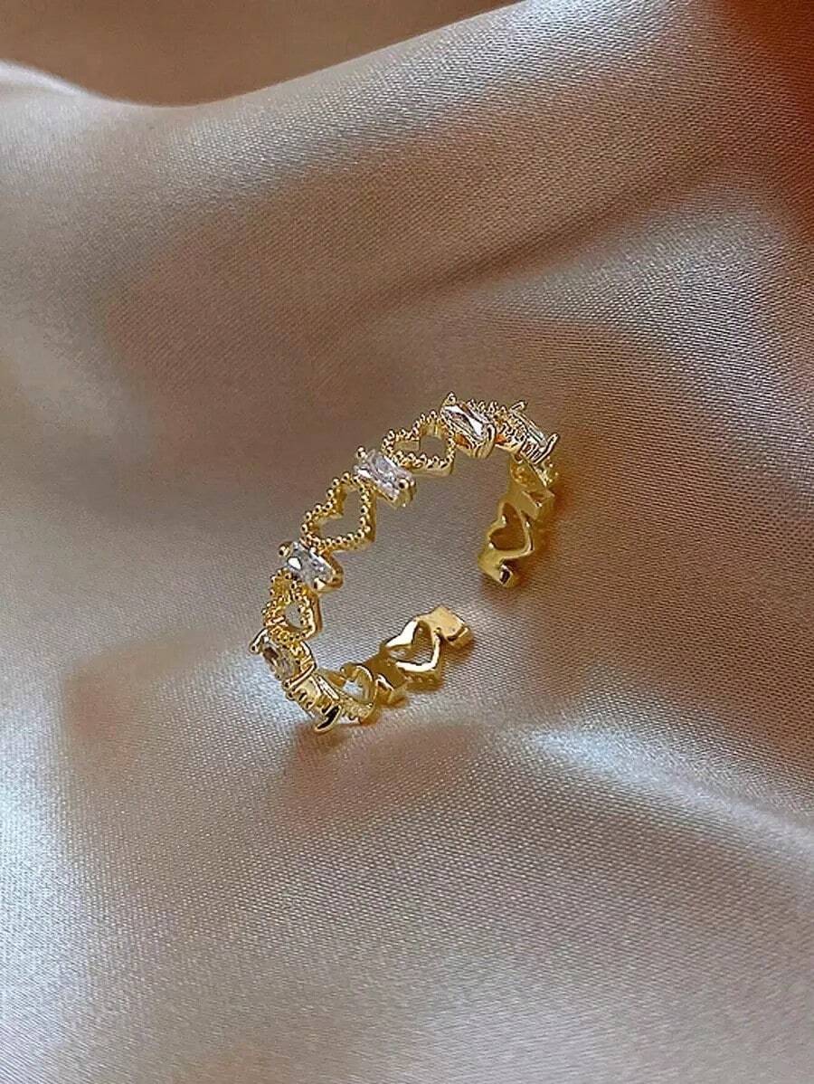 1pc Fashionable Personalized Hollow Out Heart-Shaped Copper Inlaid Open Ring Suitable For Daily Wear Valentines,Mom,Mother,Mother's Day,Gift - 金黃色 - 查看 1