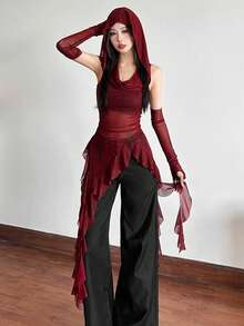 Top Dazzle Cor Sólida Ajustado Streetwear Capuz Regata Malha - Vermelho - Visão 3