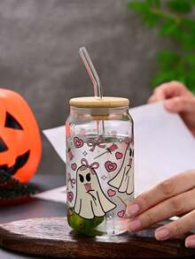 1pc Halloween Soda Cup High Borosilicate Glass Straw Cup Bamboo Lid Water Cup Heat Resistant Ins Style Glass Cup