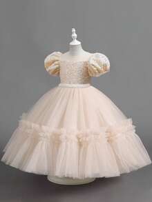 Young Girls' Princess Party Beaded Sequin Puffy Long Dress, Birthday Wedding Gown - 香檳色 - 查看 2