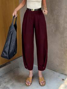 Women's Casual Solid Color Loose Pleated Lantern Harem Pants, Ankle Length, Without Belt Spring - Burgundy - View 6