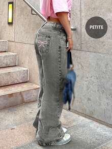 Y2K风格宽松直筒牛仔裤，后袋饰有蝴蝶结，欧美跨境新款休闲春季单品 - 淺灰色 - 查看 2