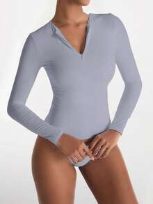 XLLAIS 女士时尚拉链领纯色紧身长袖弹力T恤，秋季休闲运动装 - 灰色 - 查看 1