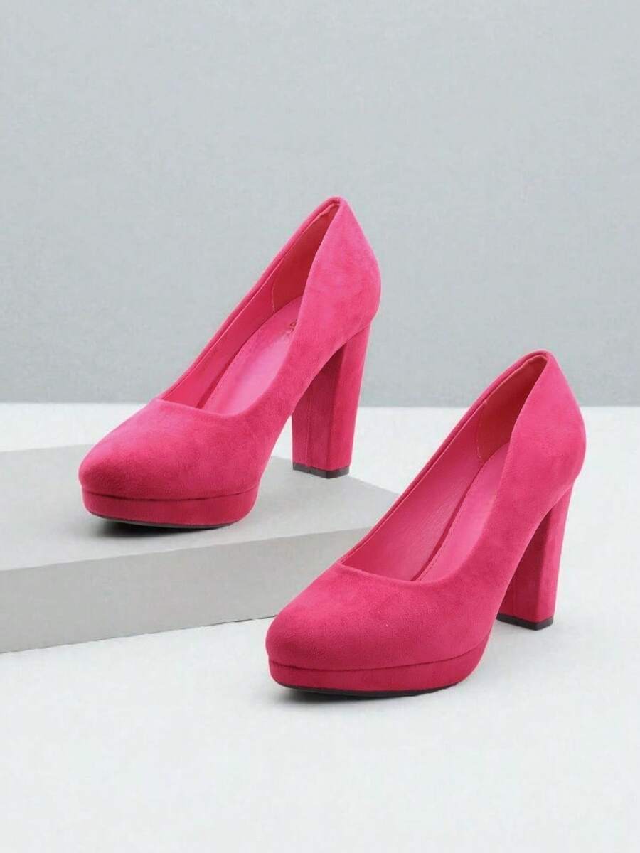 Solid Color Commuter Party Casual Minimalist Waterproof Platform Chunky Heel Women Pumps - Hot Pink - View 1