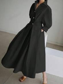 2026/新年女士加大码黑色梭织面料长袖褶裥纽扣前襟中长衬衫裙，领口设计，优雅别致，情人节，“做我的宝贝” - 黑色 - 查看 1