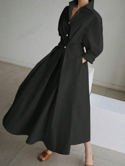 2026/新年女士加大码黑色梭织面料长袖褶裥纽扣前襟中长衬衫裙，领口设计，优雅别致，情人节，“做我的宝贝”