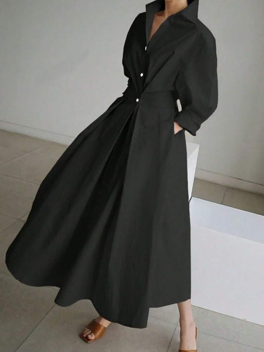 2026/新年女士加大码黑色梭织面料长袖褶裥纽扣前襟中长衬衫裙，领口设计，优雅别致，情人节，“做我的宝贝” - 黑色 - 查看 1