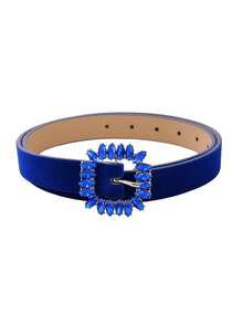 1pc Sapphire Blue Rhinestone Buckle Velvet Women's Belt, Casual Fashionable Versatile Accessory Suitable For Dresses, Parties, Gatherings With Friends - Blue - View 5