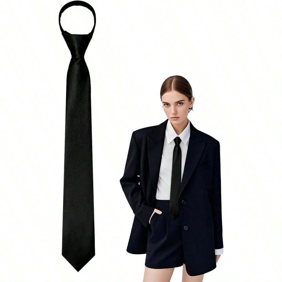 Black Ties For Women PreTied Necktie For Women Girls Adjustable Female Zipper Ties For Office School Party - màu đen - Xem 1