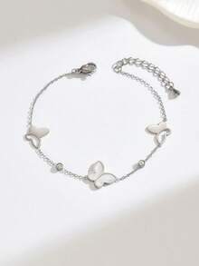 1入時尚白色貝殼蝴蝶鑲嵌鑽石不鏽鋼手鏈，優雅甜美的慶祝和節日配飾，女性必備 - 金黃色 - 查看 8