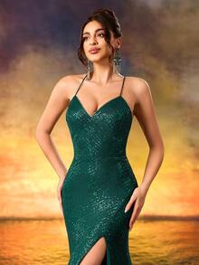 Women's Demure Stiletto Heeled Evening Gown Luxury Sequins Sparkling V-Neck Dress Front Split Gown For Wedding Guest,Formal Evening,Red Carpet, Elegant - Dark Green - View 1