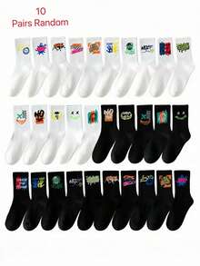 1/5/10/20双/包随机款式女士数字趣味图案条纹黑白纯色嘻哈复古风格运动中筒袜 - 彩色 - 查看 17