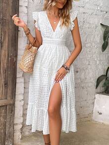 Long Beach Dress With Wrap Hem And Ruffle, Vacation Outfit For Women - White - View 1