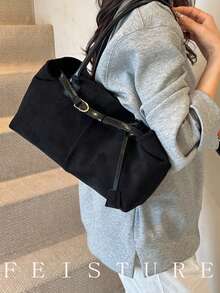 1 buah Tas Tote Bahan Suede Imitasi dengan Hiasan Tali, Penutup Magnetik, Cocok untuk Aktivitas Sehari-hari, Kencan, Perjalanan, Musim Gugur/Dingin, Tren Fesyen Musim Gugur Terbaru 2025 untuk Wanita - Hitam - View 5