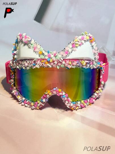 1 st nya strassdekorerade cykelglasögon för utomhusbruk, motorcykelglasögon med vind och bländskydd, moderiktiga färgglada skidglasögon med söt kattörondesign