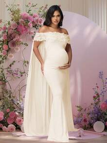 JustVH 孕妇花卉露肩连衣裙，适合迎婴派对，网眼斗篷长款女装拍摄道具