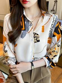 畅销款女士印花单扣休闲宽松长袖衬衫，秋季办公衬衫，春季白色 - 白色 - 查看 2