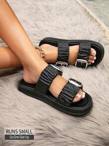 新款韩版休闲搭扣女凉鞋，完美搭配罗马风连衣裙、沙滩装、拖鞋 - 黑色 - 查看 4