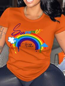 Plus Size Women's T-Shirt, Round Neck,Comfortable,Casual And Fashionable, Suitable For Outdoor Sports, Loose Fit,Moisture-Wicking And Breathable,Gift T-Shirt - 橘色 - 查看 1