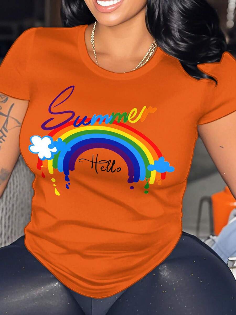 Plus Size Women's T-Shirt, Round Neck,Comfortable,Casual And Fashionable, Suitable For Outdoor Sports, Loose Fit,Moisture-Wicking And Breathable,Gift T-Shirt - 橘色 - 查看 1