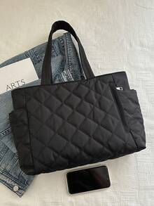 Fashionable Versatile Solid Color New Tote Bag, Casual Minimalist Textured Contrast Color Shoulder Bag - Black - View 3