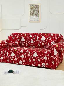 1pc Christmas Print Sofa Cover (Including 1pc Cushion Cover), Red Christmas Pattern, Dirt-Resistant & Pet-Scratch-Proof, Machine Washable, Home Decor Suitable For Living Room & Office - Red - View 2
