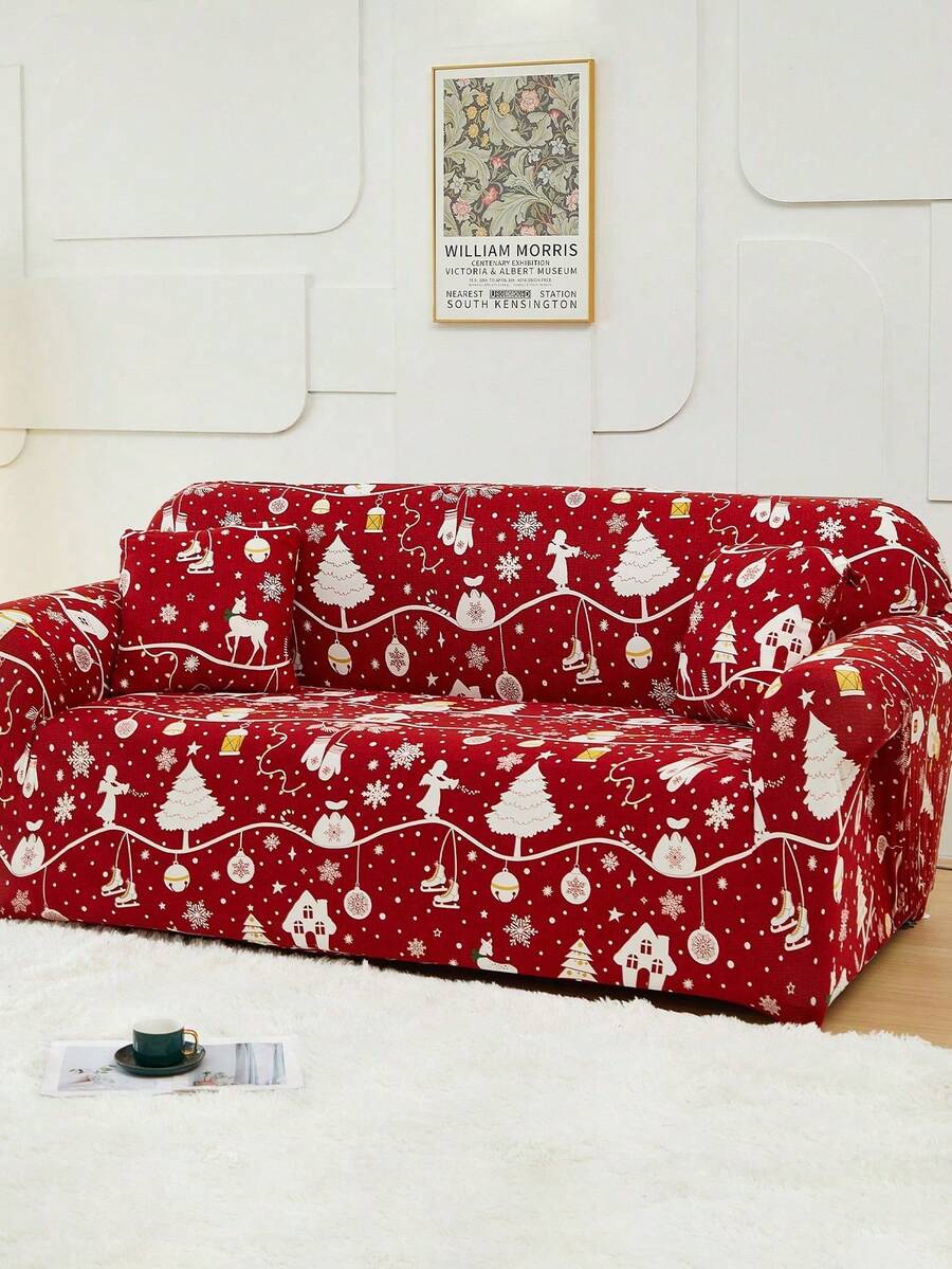 1pc Christmas Print Sofa Cover (Including 1pc Cushion Cover), Red Christmas Pattern, Dirt-Resistant & Pet-Scratch-Proof, Machine Washable, Home Decor Suitable For Living Room & Office - Red - View 1