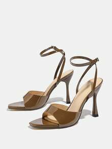 女士高跟凉鞋，适合春夏季、夜店、派对、户外、时尚、优雅、高端宴会、镜面工艺、细高跟、方头、派对、度假、奢华、性感 PU 皮革、交叉细裸带、扣环、闪亮纯色、舒适材质、性感踝带、优雅、端庄、巧克力鞋、优雅高跟凉鞋 - 巧克力棕 - 查看 6