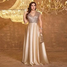 XUIBOL 亮片和缎子拼布 V 领 A 字裙，正式优雅大码女式晚礼服（重彩装饰）舞会婚礼宾客礼服，适合毕业典礼、晚宴 - 香檳色 - 查看 11
