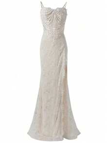 新款女士无肩带珍珠蕾丝拼接高开衩优雅晚礼服，修身性感吊带长裙，适合订婚、婚礼、晚宴、圣诞节、新年、感恩节派对等场合 - 白色 - 查看 6