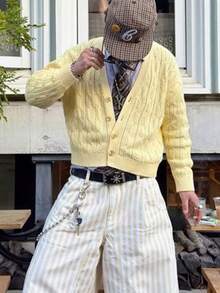 Áo khoác cardigan dài tay dệt kim dáng rộng, thiết kế độc đáo, phong cách đường phố Mỹ, unisex, dành cho nam/nữ, thu đông mới. - Màu vàng - Xem 3