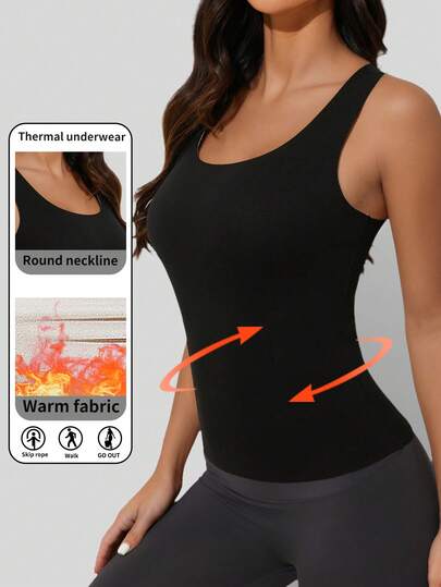 1pc Autumn/Winter Brushed Crew Neck Sleeveless Tank Top, Fitted Casual Sports Layering Top For Women, Fleece