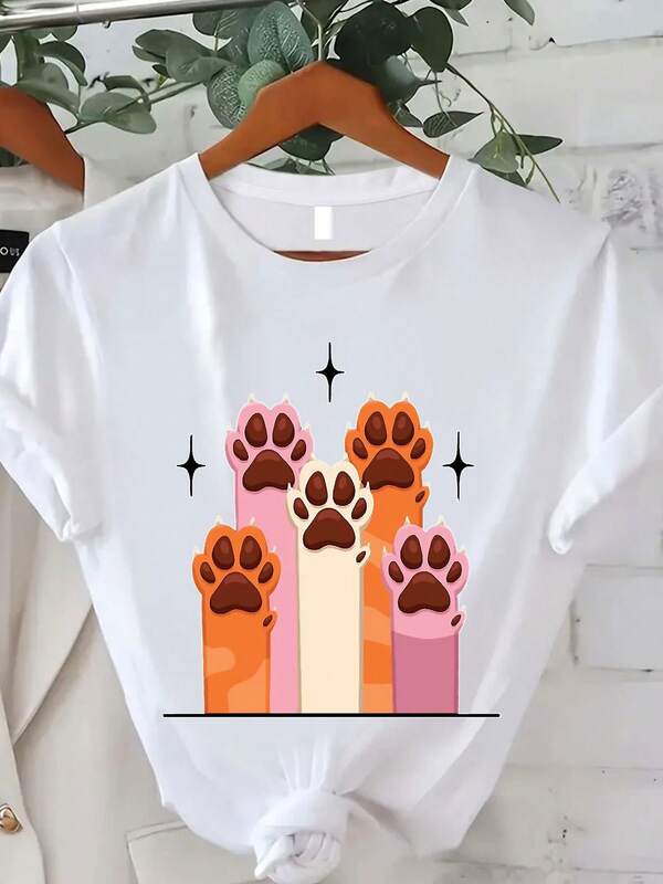 Women's 180g White Cotton Round Neck Short Sleeve Printed T-Shirt, Cute Colorful Cartoon Cat Paw Design Tee, Casual Summer Top, Adorable Graphic Ladies' Shirt, Fashionable Pet Lover's Gift, Lightweight Soft Material, Y Casual Outfit, Comfortable Everyday Wear
