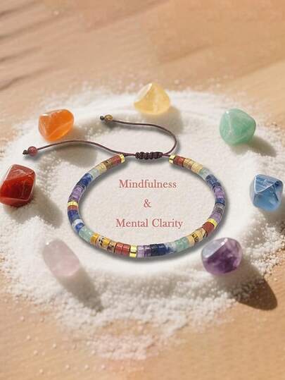 ZIRUISP 7脉轮手链天然石串珠编织疗愈女士精神手链波西米亚风格疗愈水晶冥想放松女士焦虑珠宝礼物适合日常佩戴