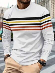 Plus Size Men's Fashion 3D Geometric Pattern Lightweight Long Sleeve T-Shirt - Casual Crew Neck, Polyester, Thin, Machine Washable - Multicolor - View 1