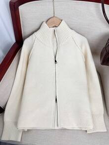 Wixra Korean Loose Knit Cardigan, Stand Collar Raglan Sleeve, Reversible Zipper Design, Solid Color, Collegiate Style Top, Essential For Layering In Autumn/Winter