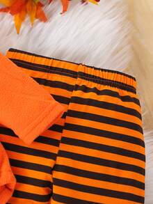 男童万圣节南瓜脸印花长袖连帽紧身衣 + 条纹连脚裤套装，春秋季