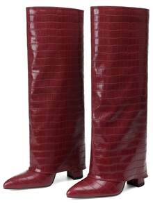 Women Ruched Fold Over Boots Fashion Luxury Pointed Toe Mid-Calf Wedge Boots Slip On Wide Calf Boots Slouch Knee High Boots For Women,Date Night,  Halloween,Christmas Party - 酒紅色 - 查看 3