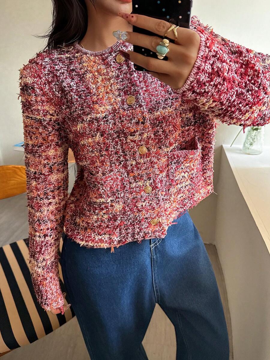 Seelio Spring Autumn Women Short Tassel Cardigan, Round Neck Single-Breasted Knitted Jacket - Pink - View 1