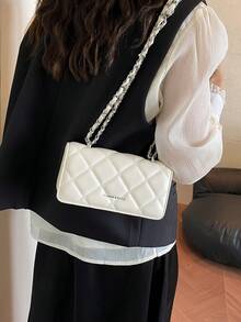 Bolso de mano con cadena de rombos en miniatura, diseño minimalista de bolso bandolera, elegante para ir al trabajo - Beis - Ver 4