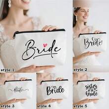 Bridal Bridesmaid Makeup Bag Wedding Bag Wedding Gift, Printed With The Letters "Bride/Sister Of The Bride" Canvas Zipper Bag, Wedding Party Gift, Multiple Styles Available, White Bag,Travel Storage Bag, Wash Bag, Hair Accessory Storage Bags, Practical Bride Team Gifts, Wedding Supplies, Bridal Party Gift For Besties And Sisters