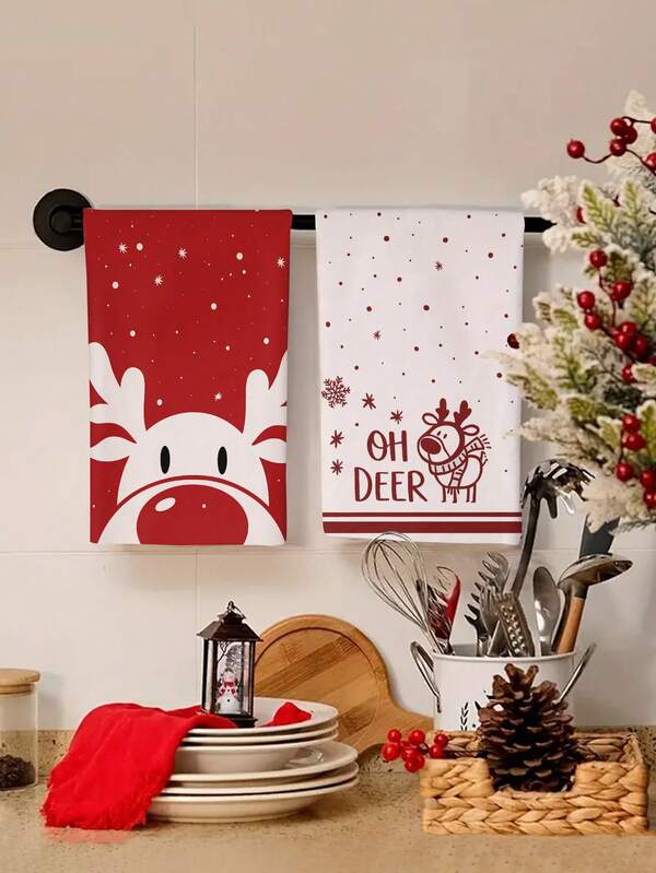 2pcs/4pcs/12pcs Christmas Deer Pattern Kitchen Towels, Christmas Pattern Bathroom Towels, Christmas Outdoor Party Towels, Christmas Home Decor, Christmas Kitchen Decor, Modern Style, Quick Drying, Super Soft Microfiber Material, Rectangular, 15.75IN*23.62IN/40*60CM Digital Printing Pattern, Suitable For Outdoor Party Decoration, Christmas Holiday Gifts